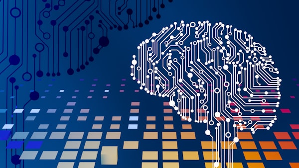 Abstract brain silhouette made of white circuit traces on a blue digital background.