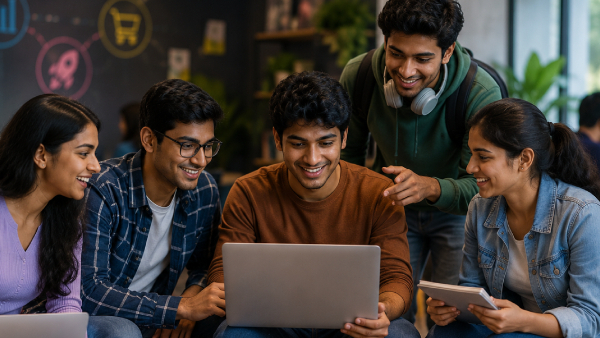 Five diverse students gathered around a laptop, smiling as they collaborate on a project.