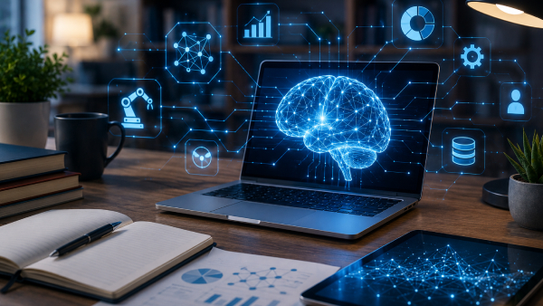Laptop with a glowing neural-brain hologram and floating AI data icons above it on a desk.