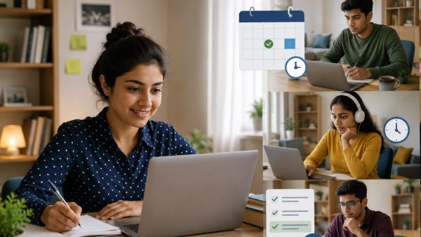 Woman typing on a laptop at a home desk; collage of remote workers with calendar and clock icons conveys scheduling and teamwork.