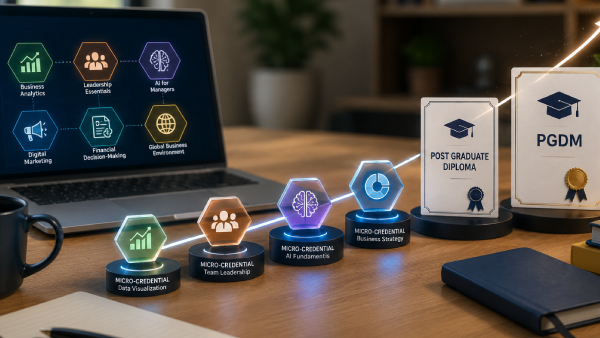 Desk with a laptop showing course icons and glowing micro-credential badges, plus PGDM and Postgraduate Diploma plaques.