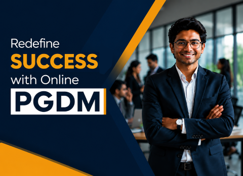 Promotional banner promoting an online PGDM program, showing a smiling professional in a suit with the headline 'Redefine SUCCESS with Online PGDM'.