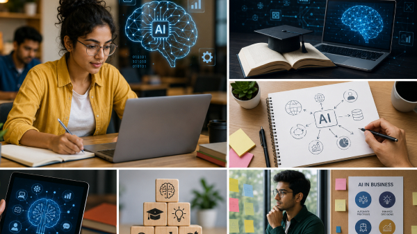 Collage of AI learning scenes: a woman at a laptop with AI visuals in the background and study materials nearby.