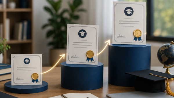 Three diplomas with gold seals on blue podiums of increasing height, with upward arrows suggesting progression and achievement.
