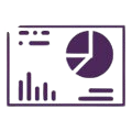 Purple-toned data infographic featuring a large pie chart and multiple bar charts within a purple frame.